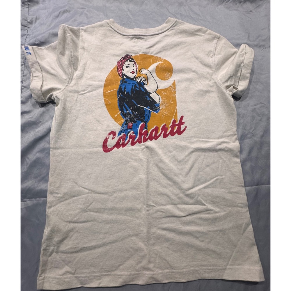Carhartt Rosie the Riveter Pocket T-Shirt Cream Loose Fit Small S Womens Graphic - Picture 2 of 7